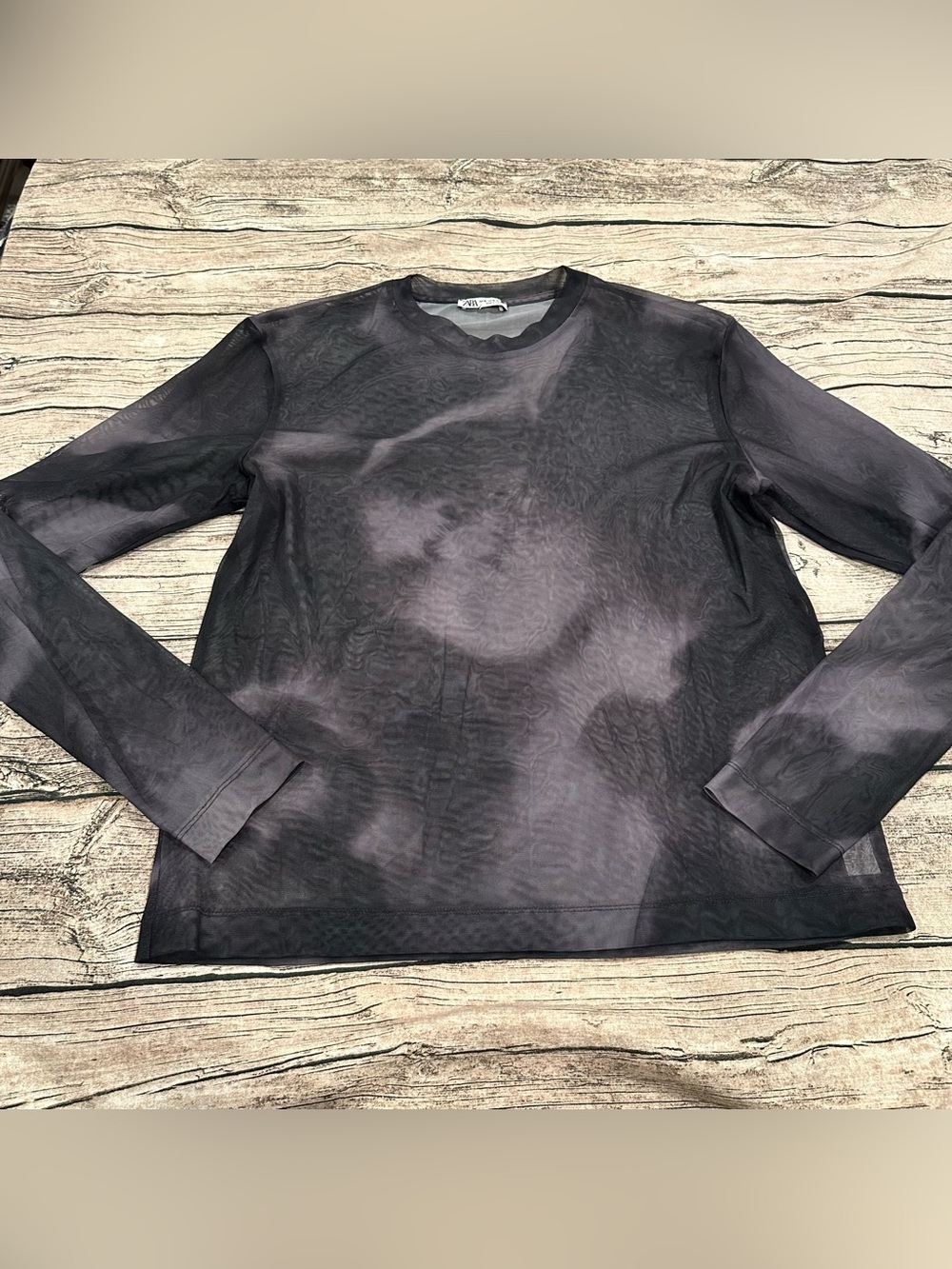 Zara Sheer Long Sleeve Crewneck in Charcoal Tie-Dye Size XL